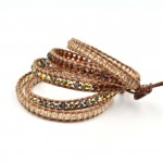 Brown & Champagne Stones on Brown Leather Wrap Bracelet